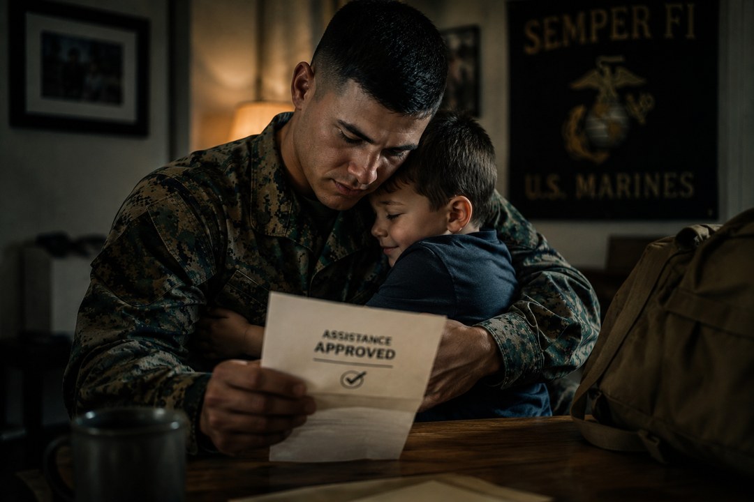 A Marine embracing his son while holding a letter that reads Assistance Approved
