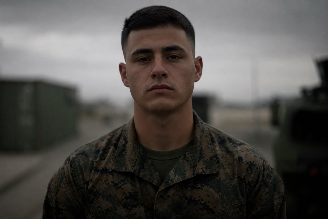A young Marine in digital camouflage with a somber expression, standing on base